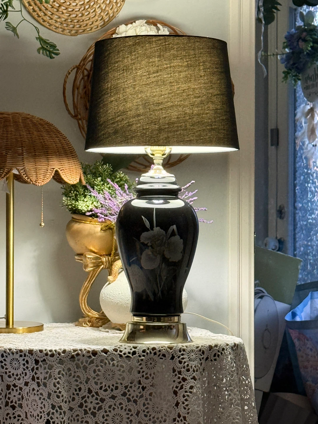 Pair of Black Ginger Jar Table Lamps with Floral Design - photo 2