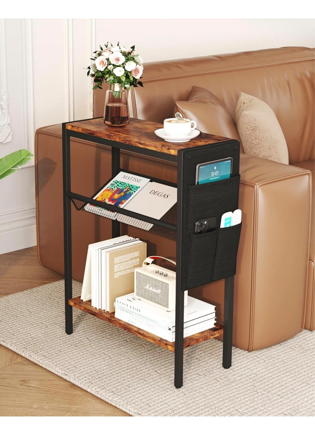 Multi-Tier Storage Bedside Table with Side Pockets