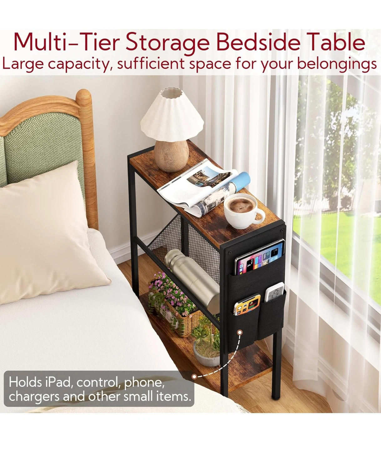 Multi-Tier Storage Bedside Table with Side Pockets - photo 3