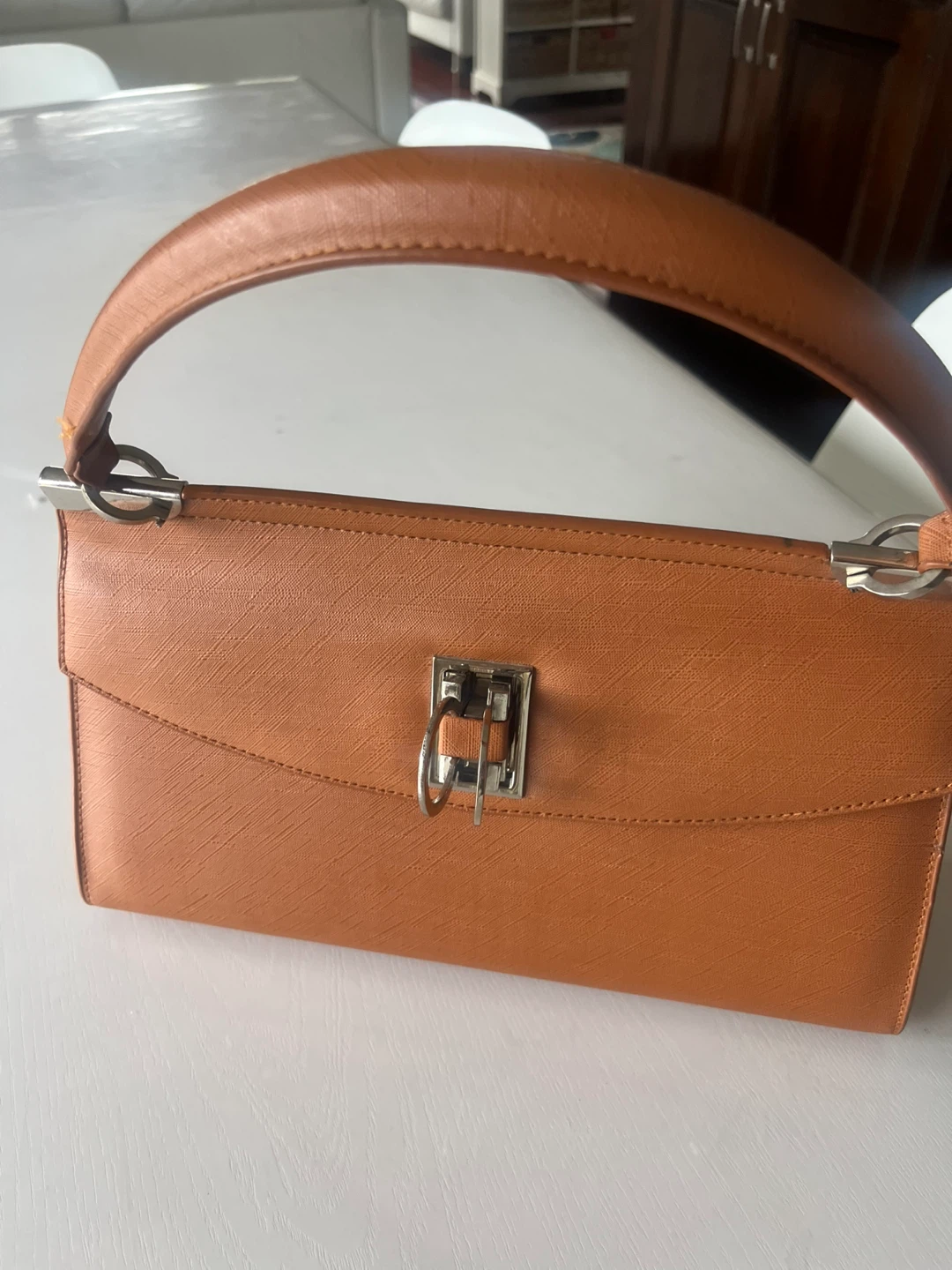 Tan Faux Leather Handbag with Silver Hardware