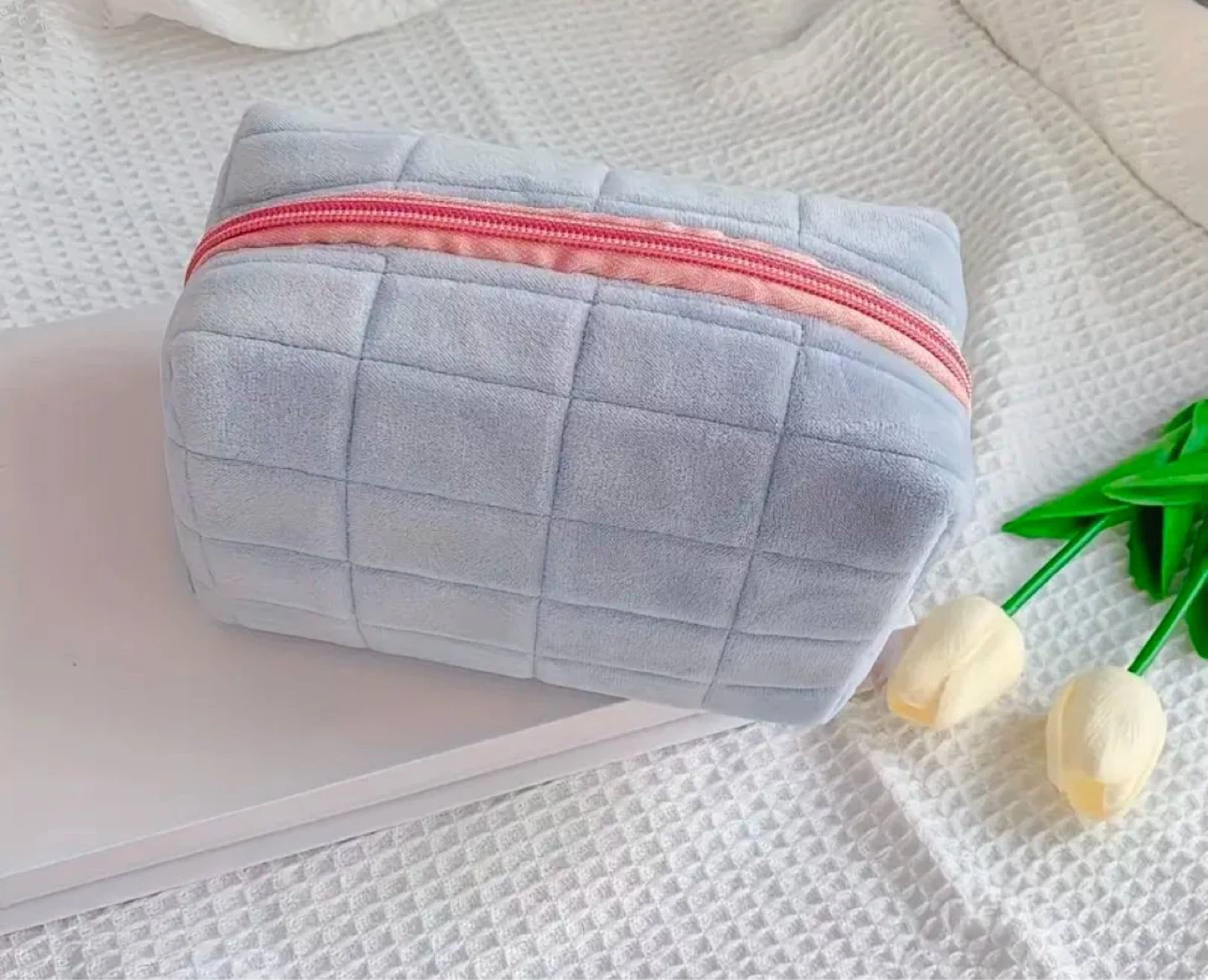 Plush Blue Makeup Bag with Zipper