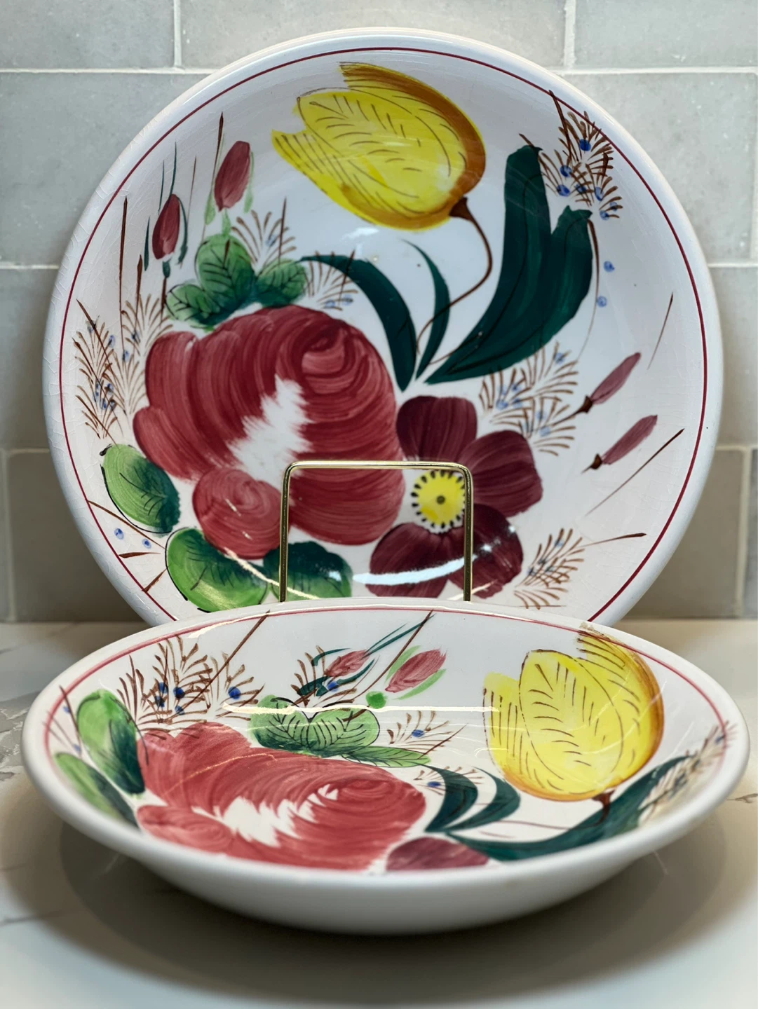 Vtg Hand-Painted Nove Rose Tulip Italian Faience Two Bowls
