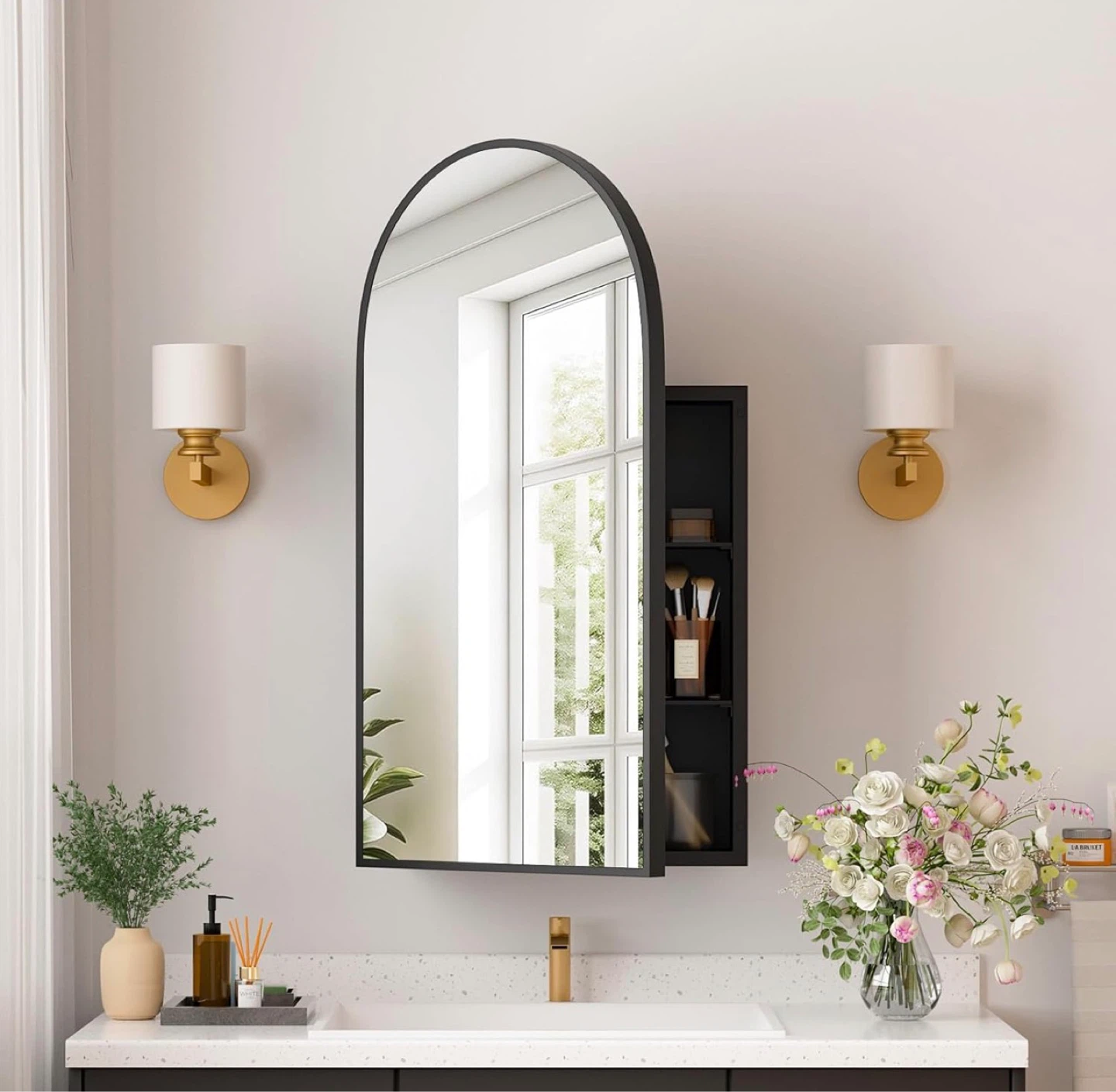 Black Arch Medicine Cabinet with Mirror