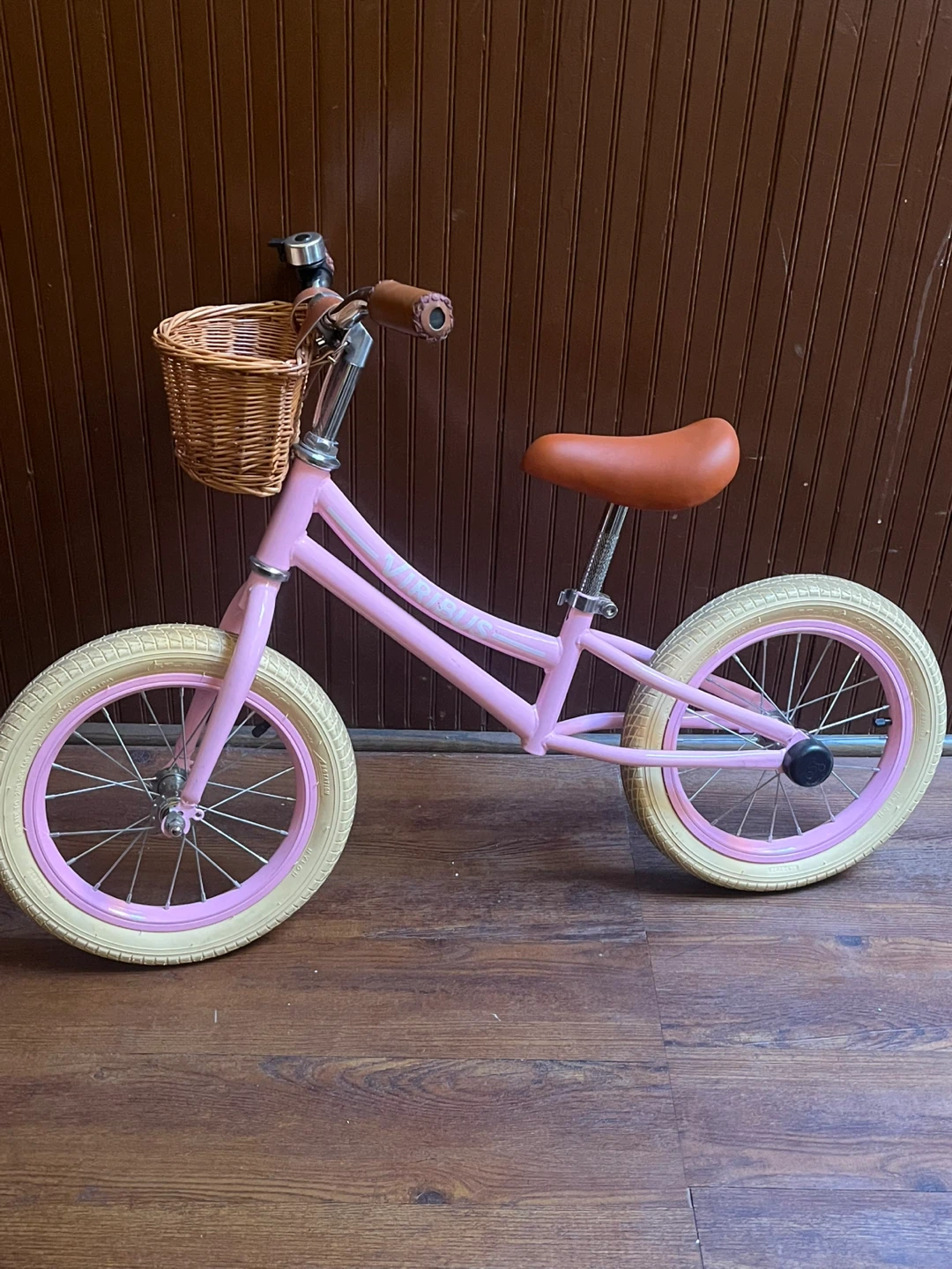 Kids Balance Bike Pink with Wicker Basket