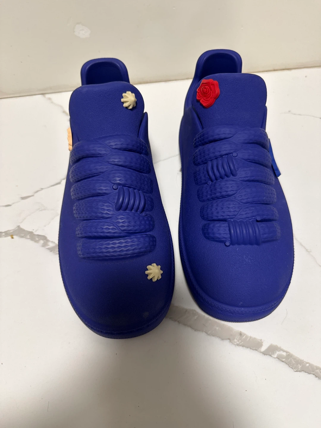 Burberry Blue Rubber Slides with Rose and Shell Embellishments