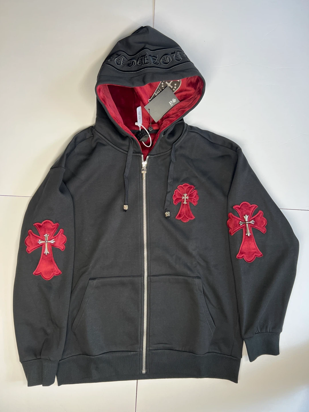 Chrome Hearts Black Zip Up Hoodie with Red Cross Appliques