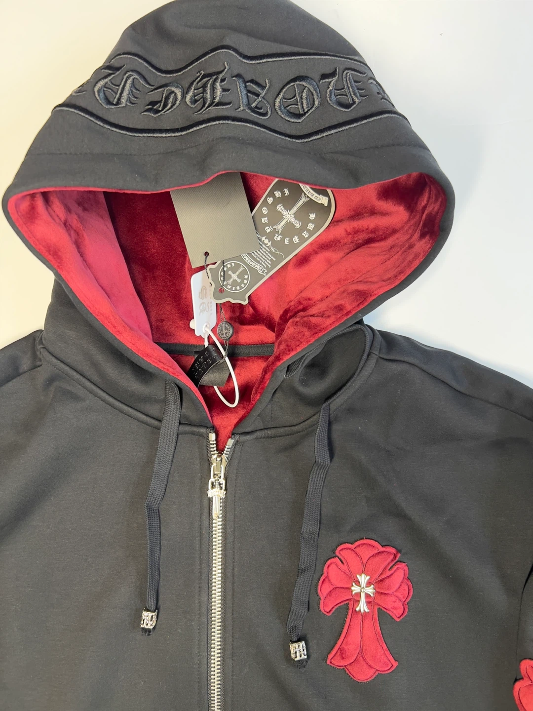 Chrome Hearts Black Zip Up Hoodie with Red Cross Appliques - photo 2