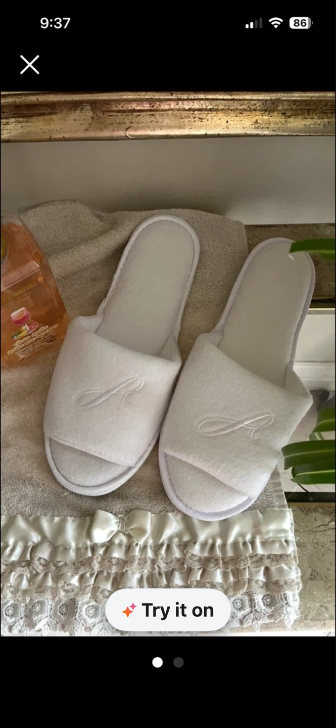 New White terry cloth slippers with embroidered initial
