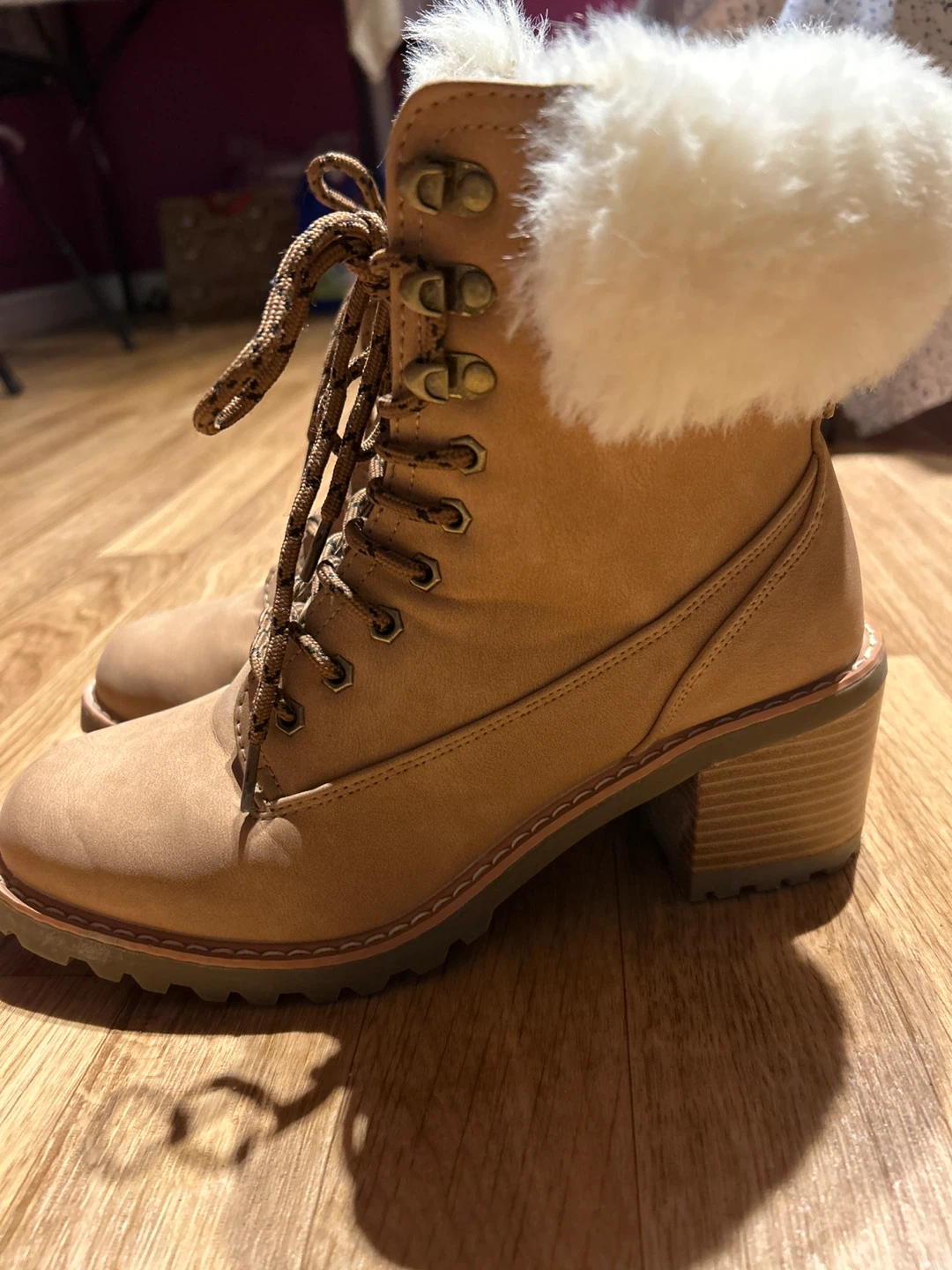 Tan Faux Suede Lace-Up Boots with Faux Fur Trim - photo 3