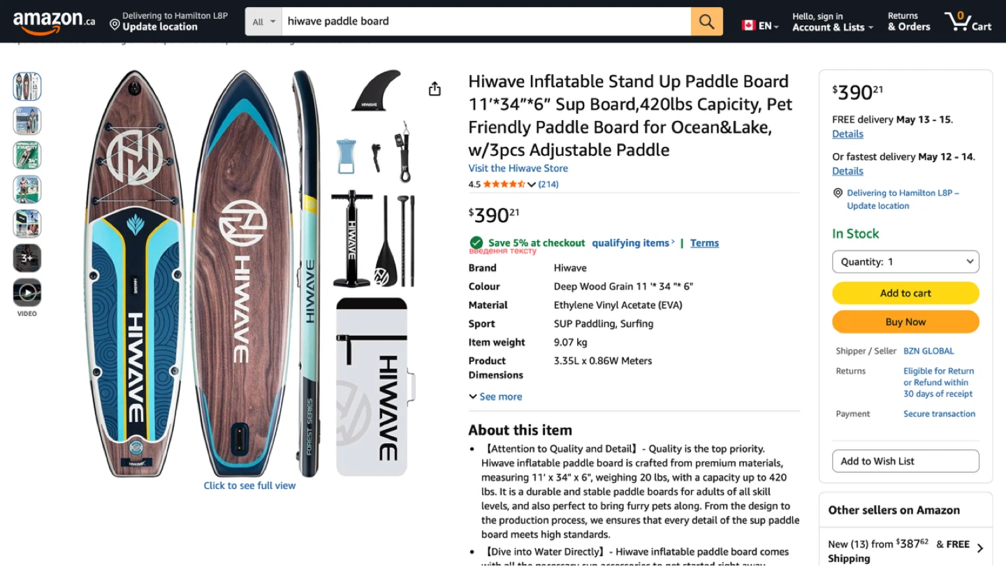 Hiwave Inflatable Stand Up Paddle Board 11’*34”*6” 420lbs - photo 3