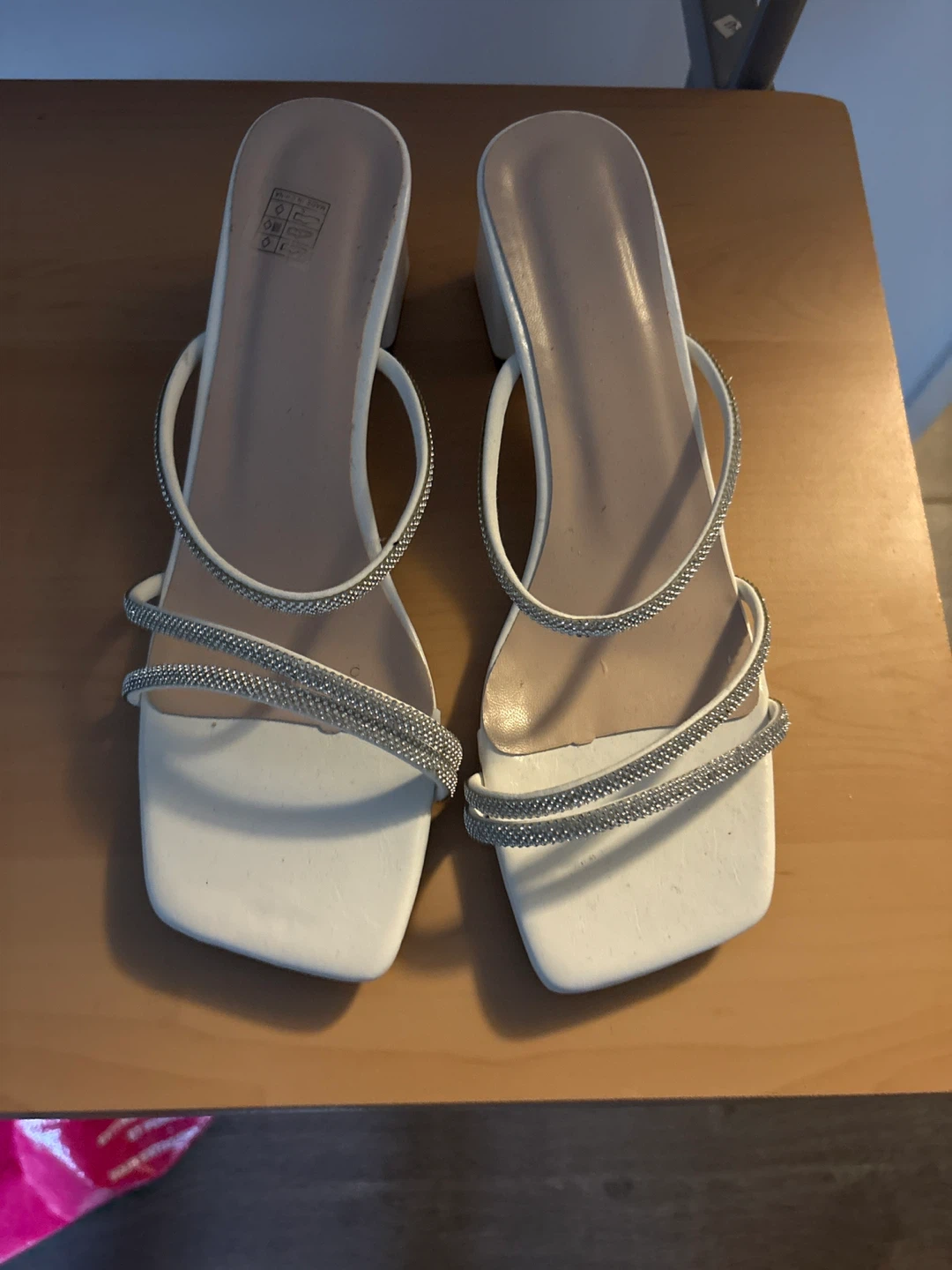 White Block Heel Mules with Rhinestone Straps