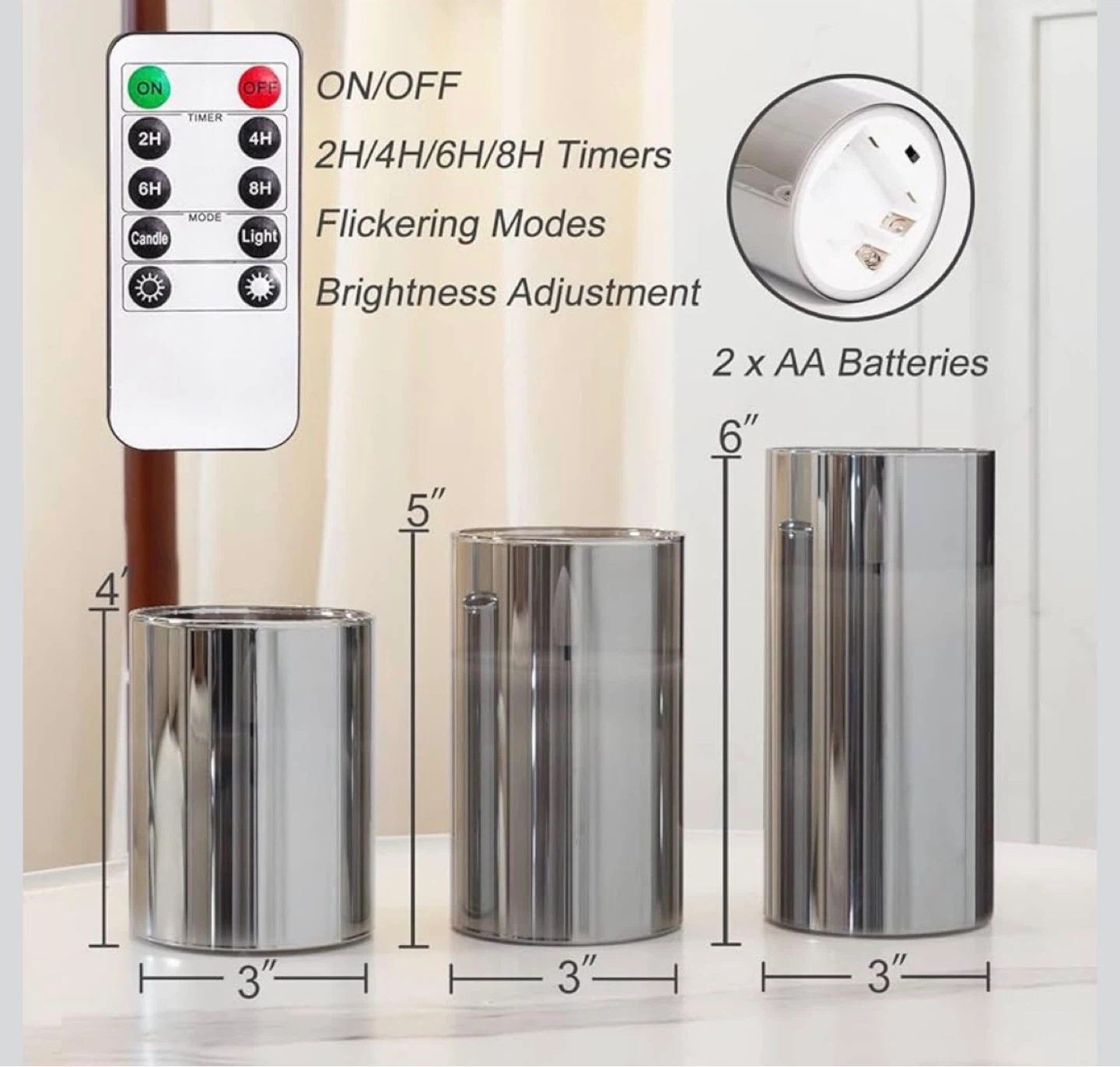 Set of 3 Grey LED Flameless Candles with Remote - photo 4