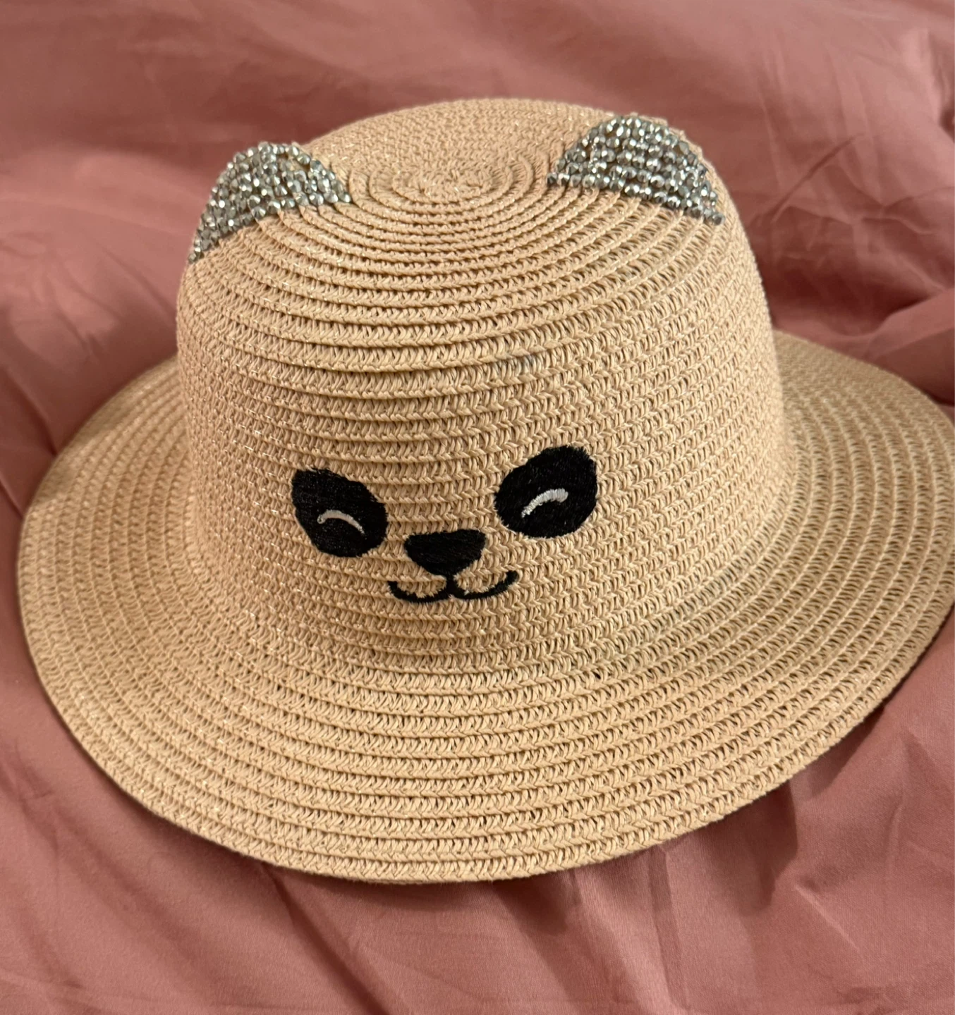 Kids Straw Hat with Panda Design and Rhinestone Ears