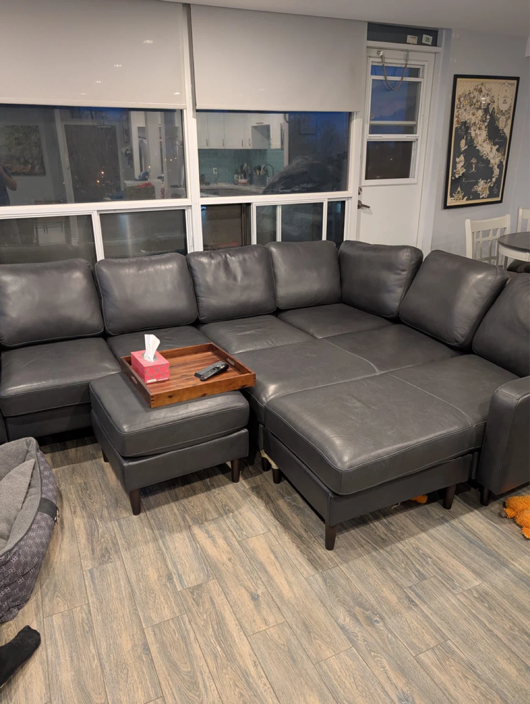 Grey Leather Sectional Sofa with Ottoman