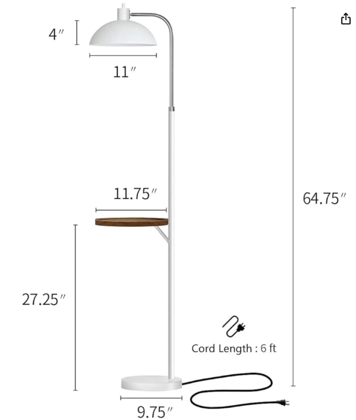 Modern Floor Lamp with Tray Table, 64.75" H, off White - photo 2