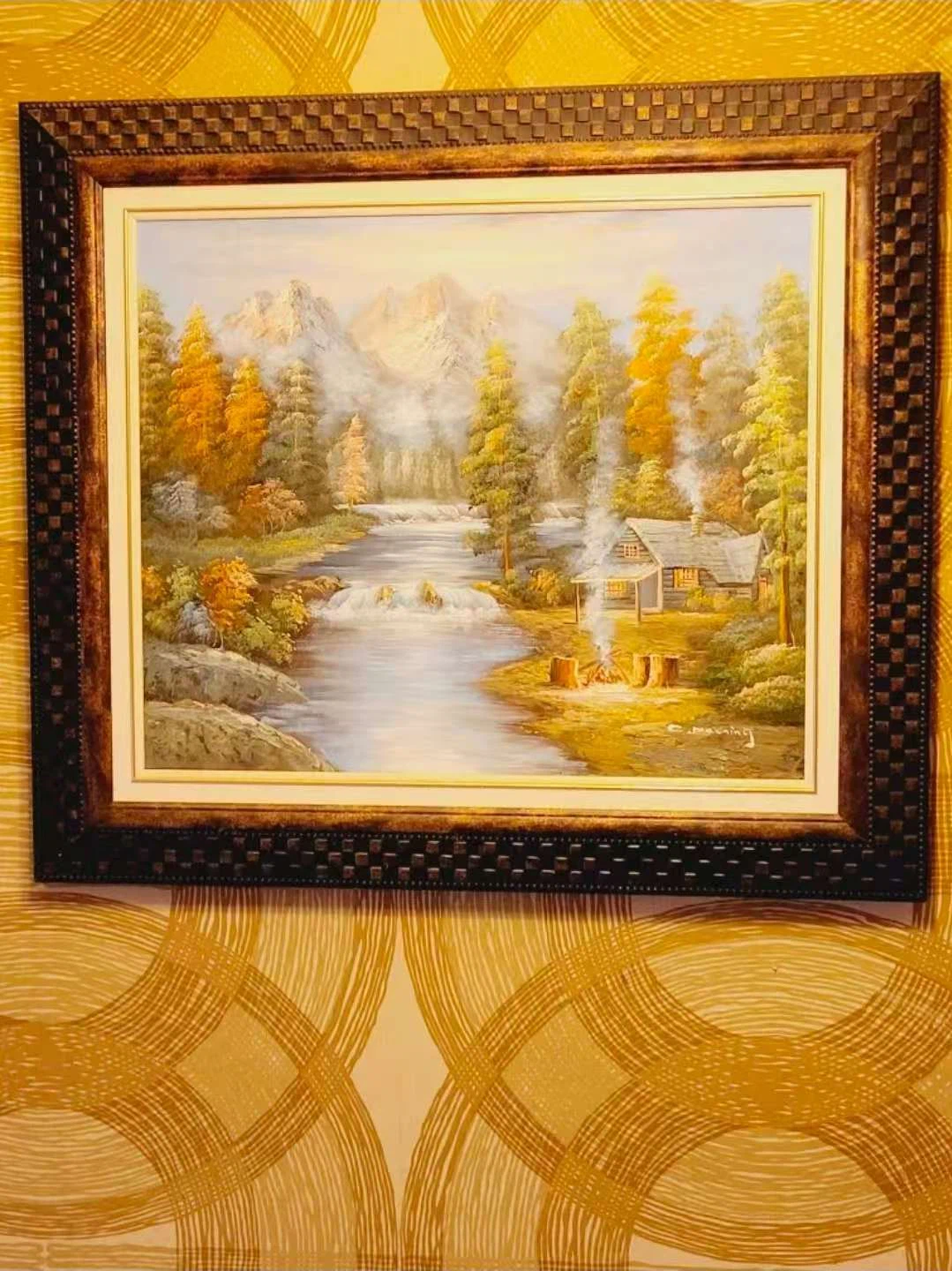 Framed Landscape Oil Painting of a Cabin and River