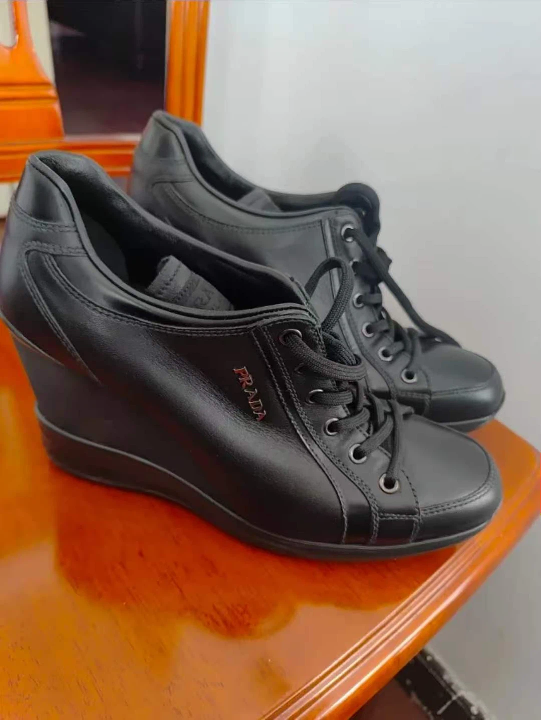 Prada Black Leather Wedge Sneakers Women's Size 37 - photo 3