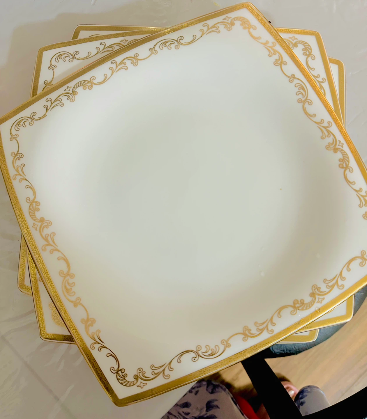 Set of Square White royal Dinner Plates with Gold Trim