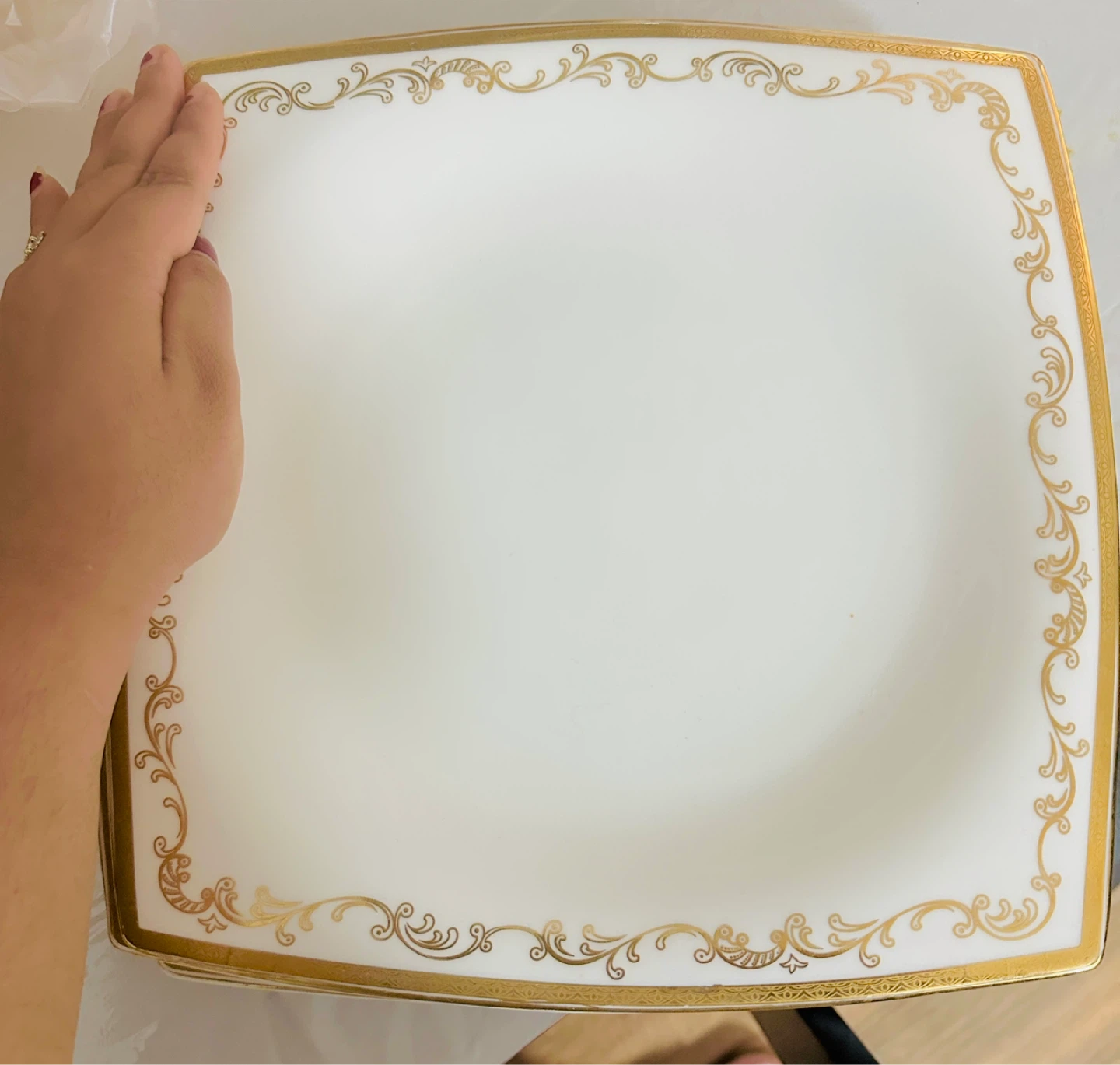 Set of Square White royal Dinner Plates with Gold Trim - photo 2