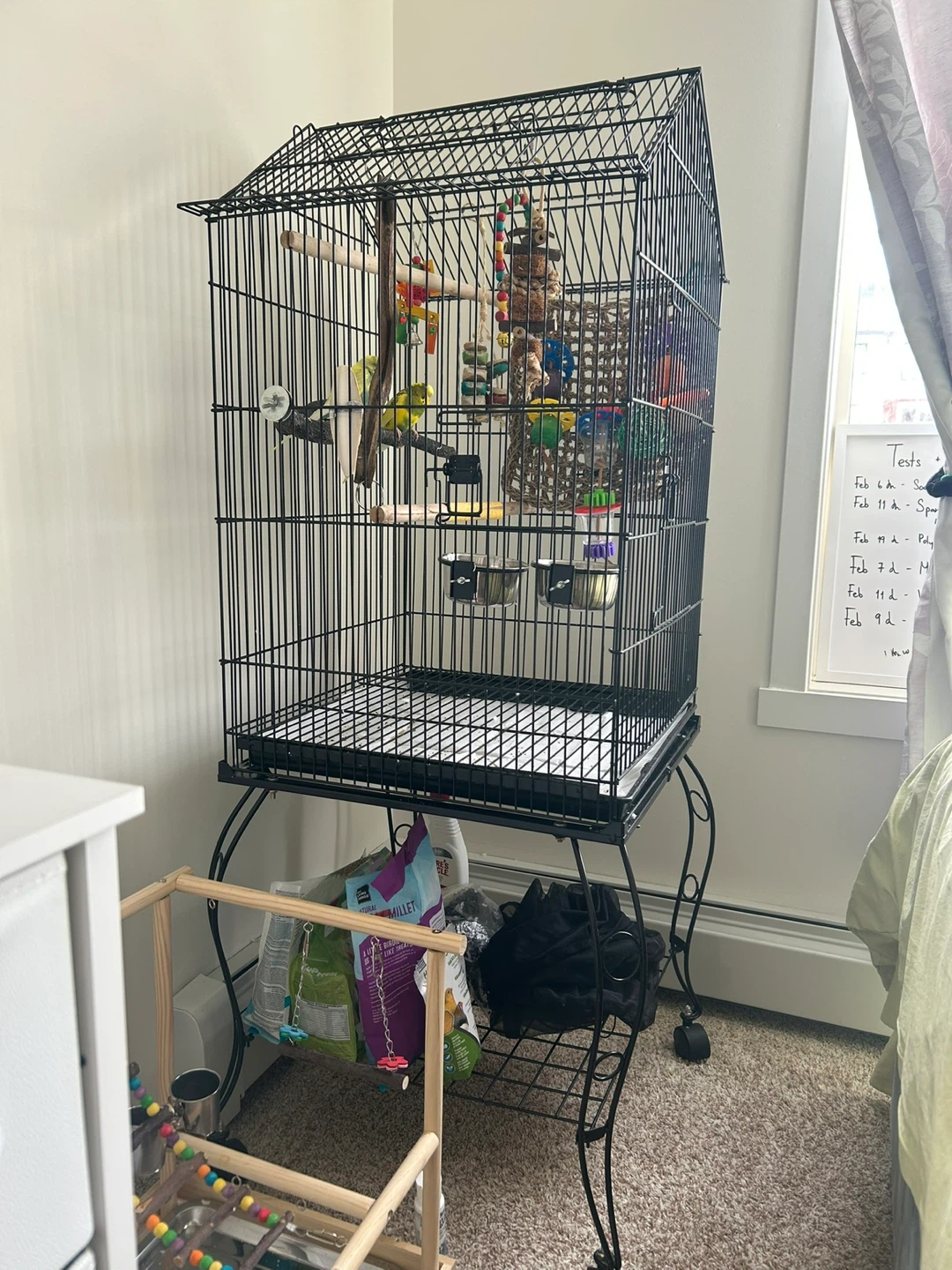 Black Metal Bird Cage with Stand and Accessories
