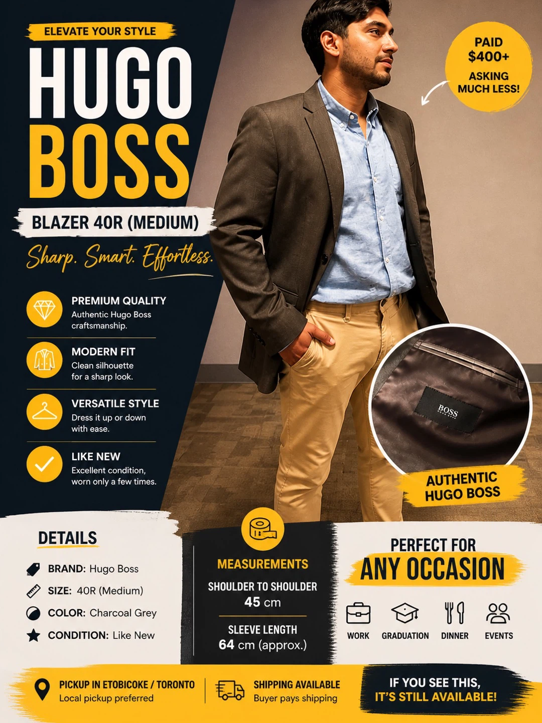 Hugo Boss Charcoal Grey Blazer - 40R (Medium)