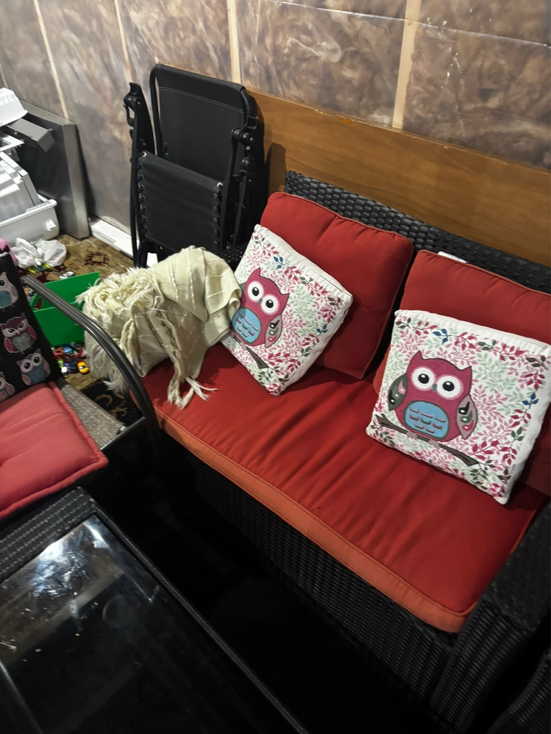 Wicker Patio Set with Red Cushions and Owl Pillows - photo 3