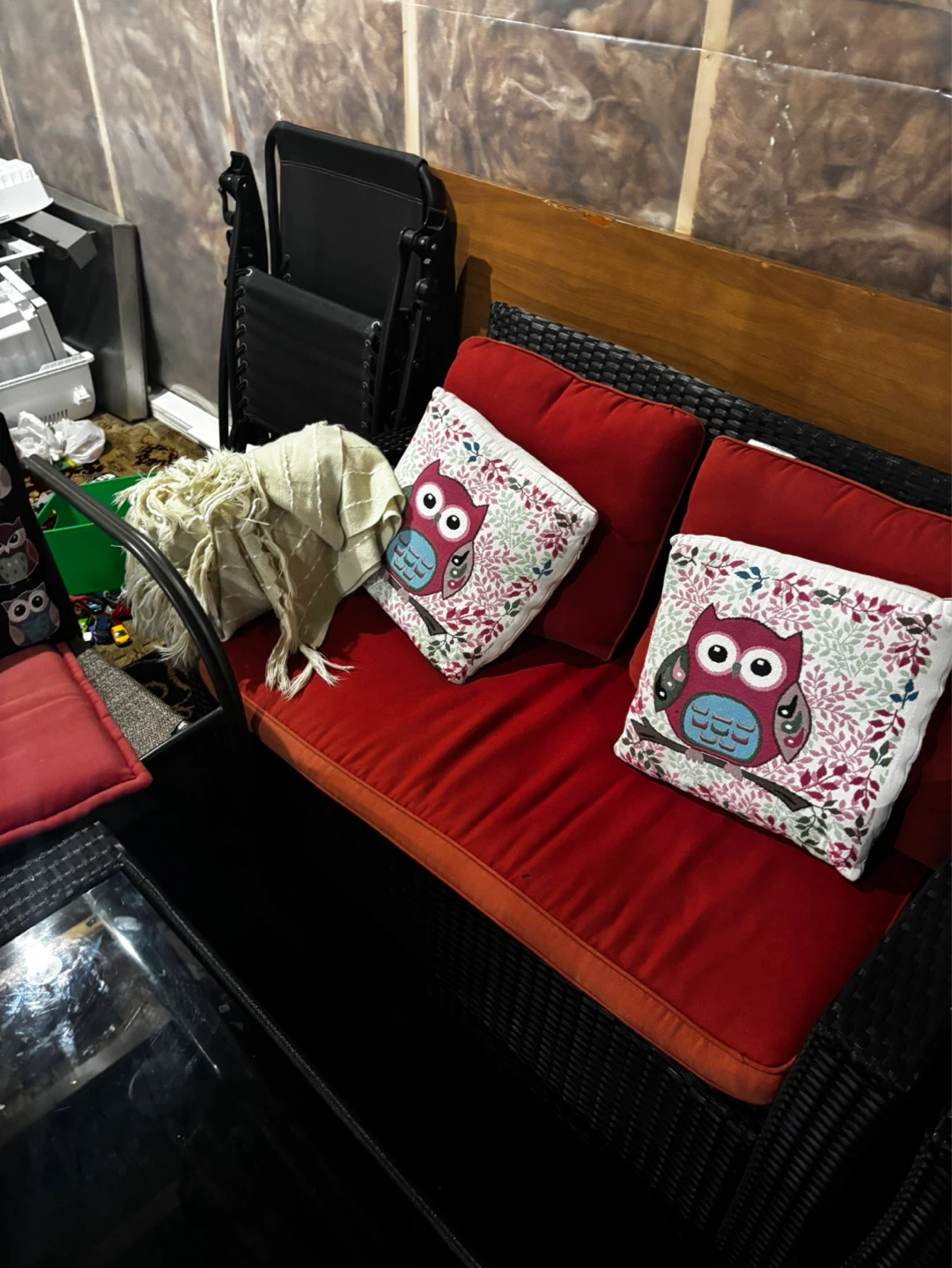 Wicker Patio Set with Red Cushions and Owl Pillows - photo 4