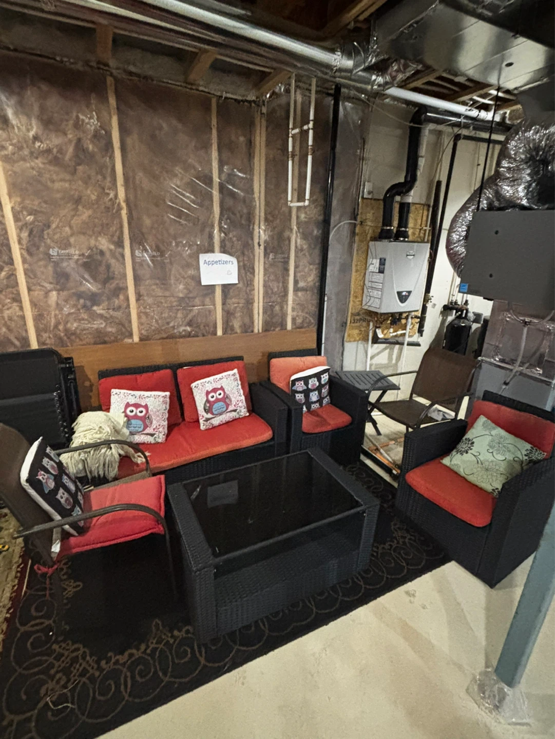 Wicker Patio Set with Red Cushions and Owl Pillows - photo 2