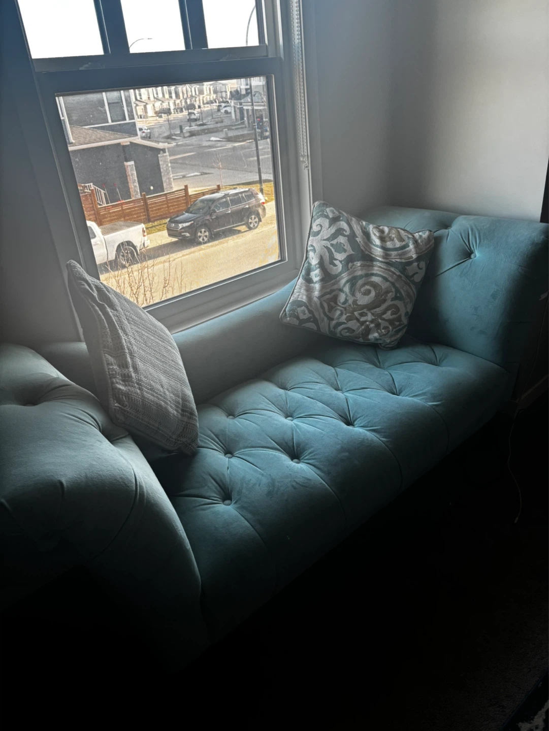 Teal chaise lounge or entrance bench