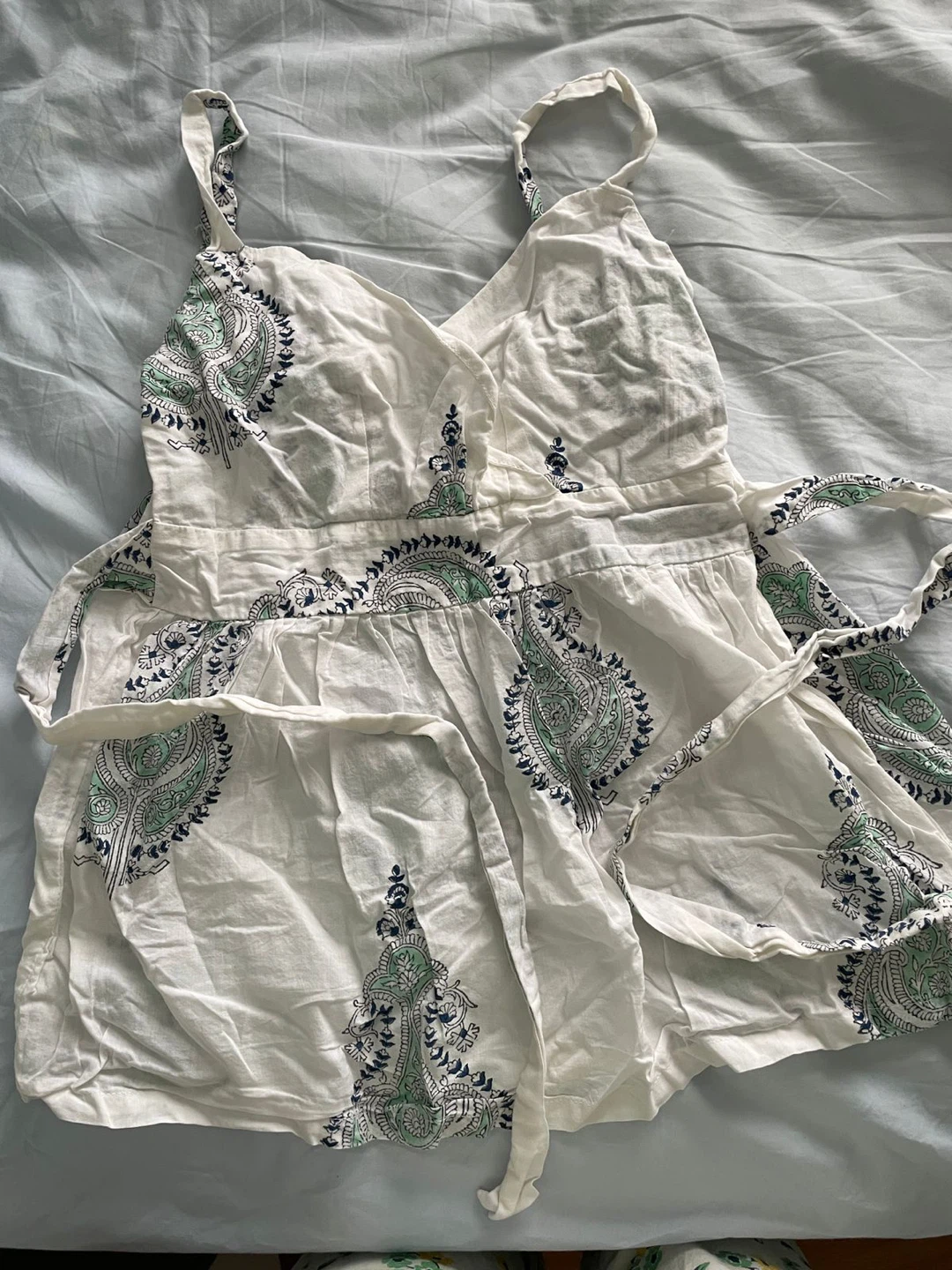 White Paisley Print Sleeveless Wrap Top
