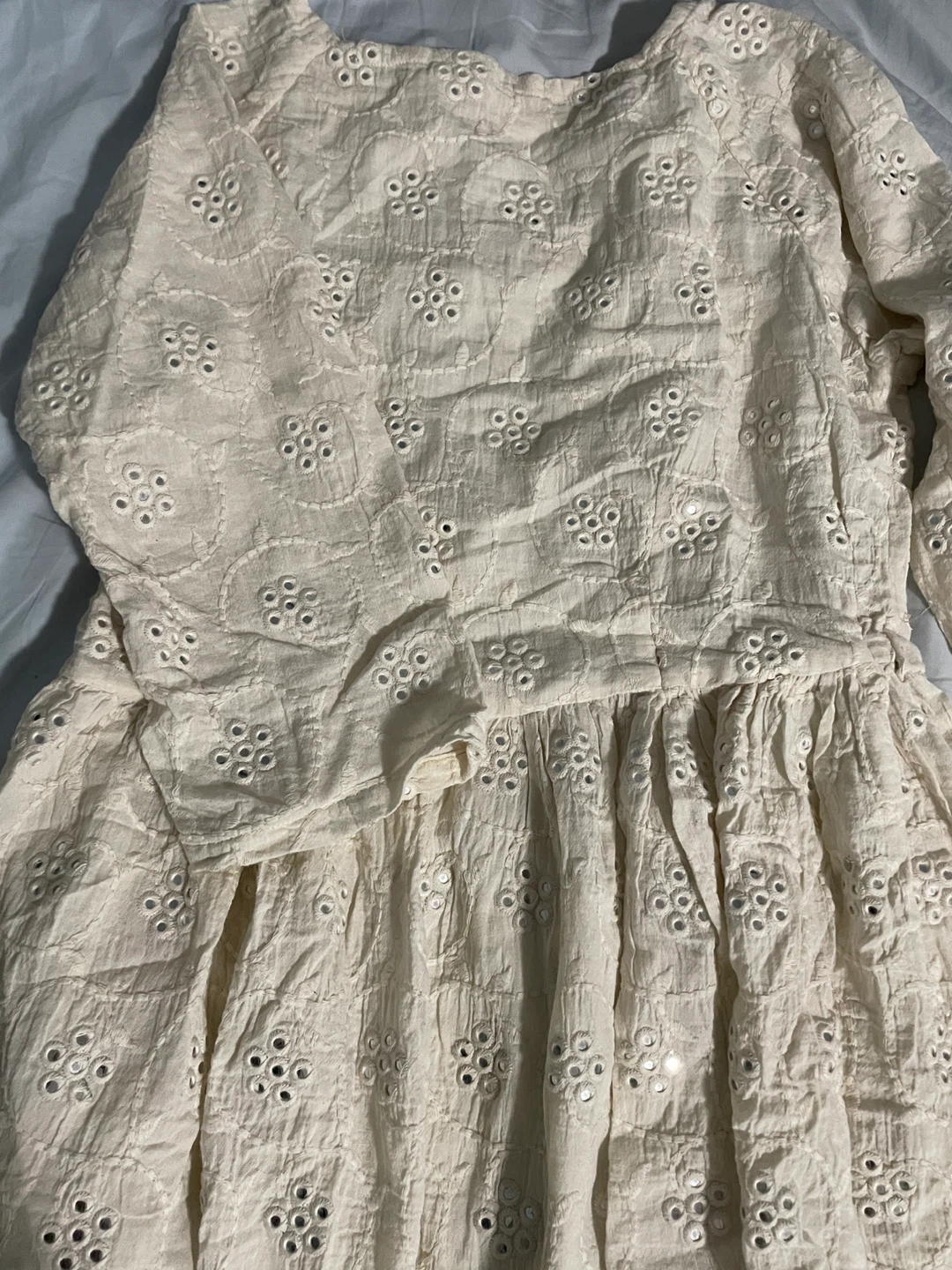 Cream Broderie Anglaise like Dress with Mirror Detail