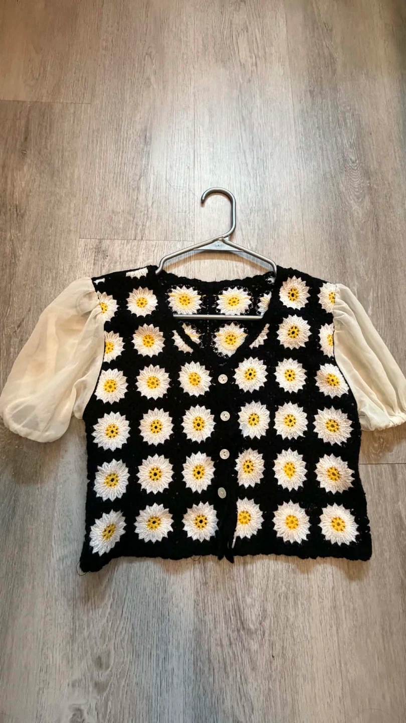 Crocheted Daisy Vest with Puff Sleeves