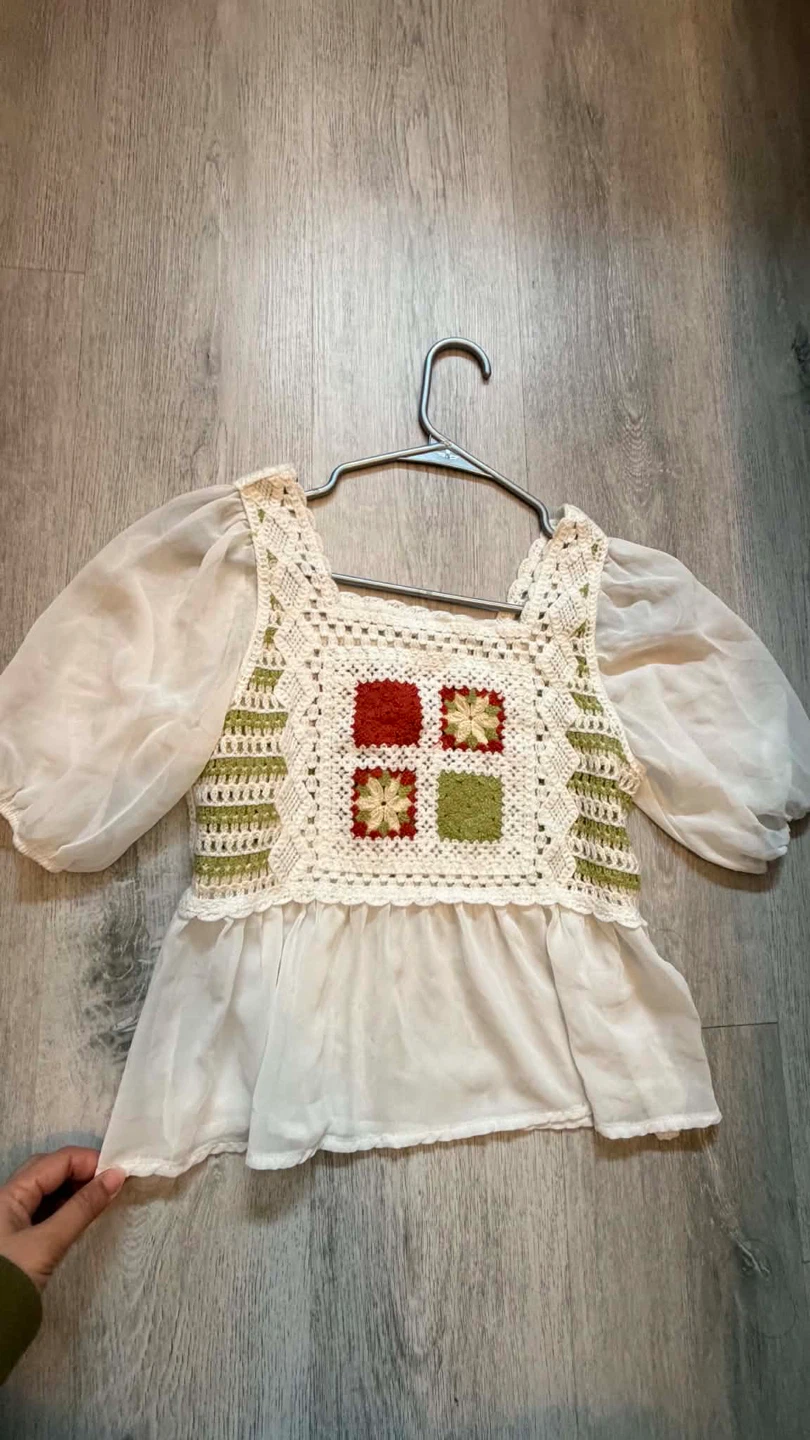 Crochet Top with Sheer Puff Sleeves