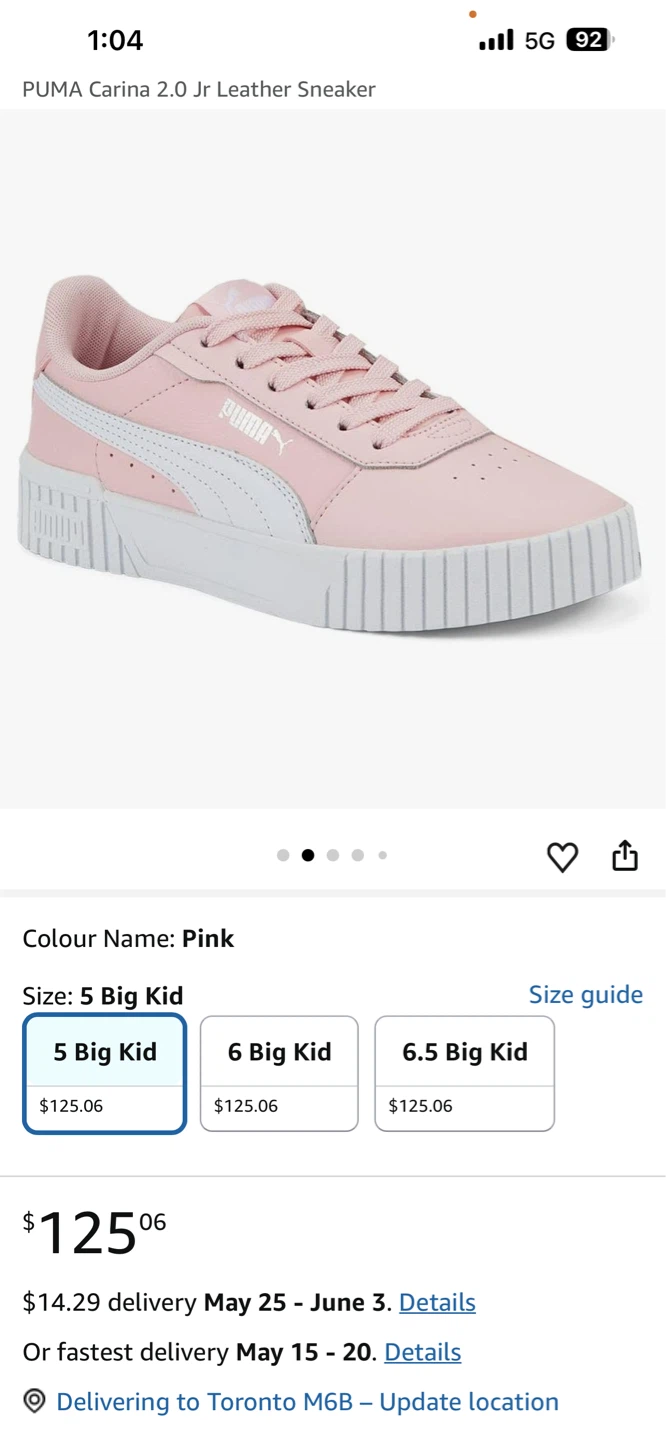 Puma Carina 2.0 Jr Leather Sneaker - Pink, Size 5 Big Kid