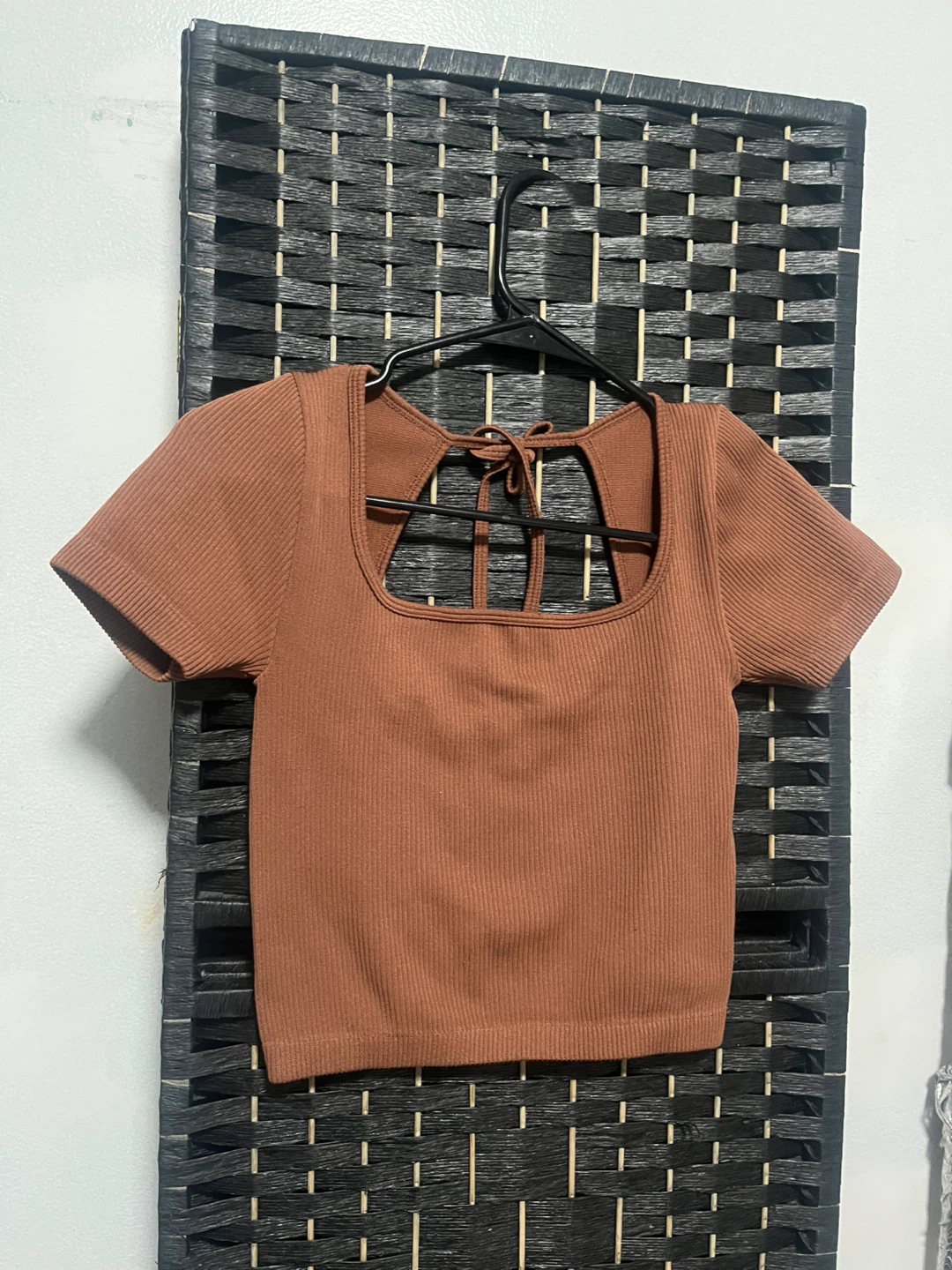 Brown Ribbed Square Neck Crop Top