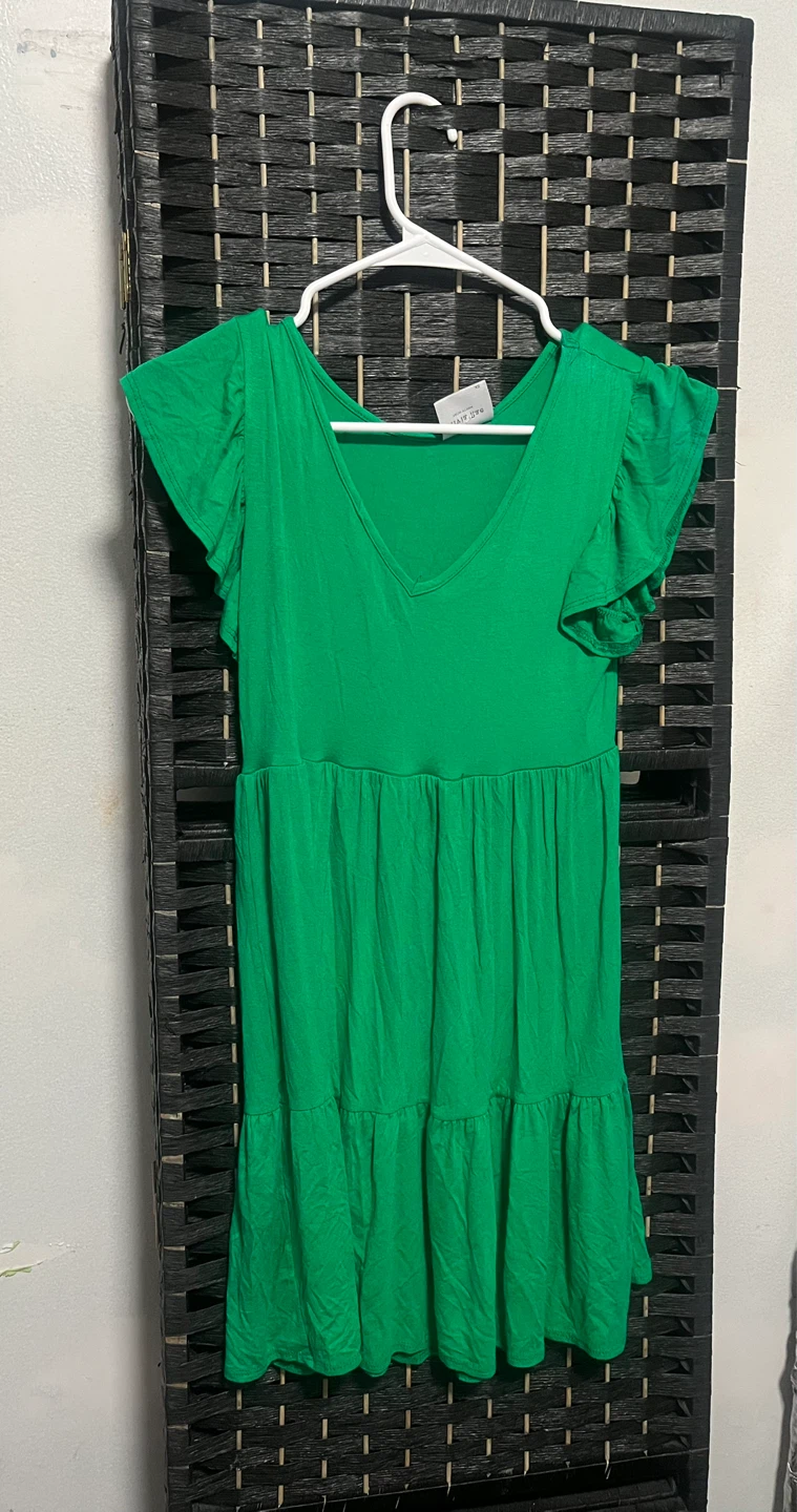 Green tiered mini dress with flutter sleeves