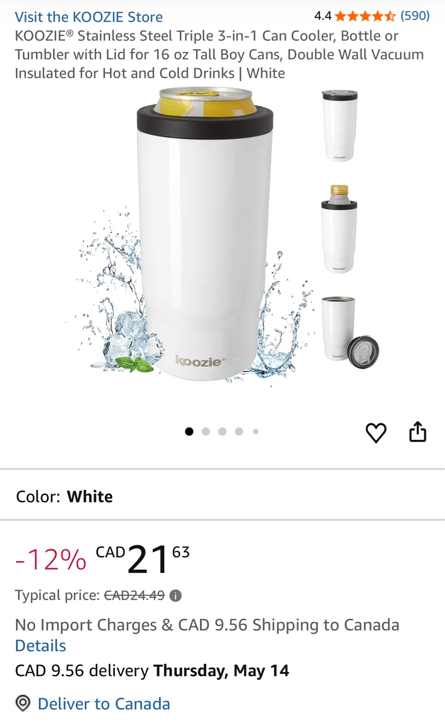Koozie Triple 3-in-1 Can Cooler/Bottle Cooler or Tumbler - White - photo 2