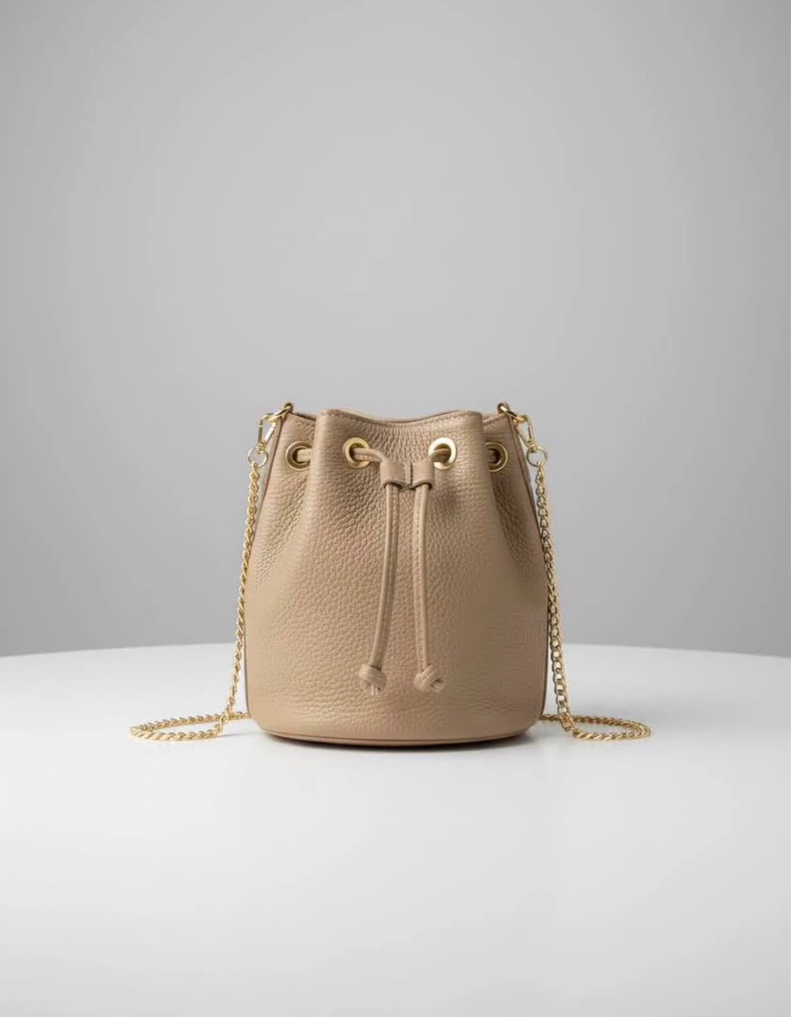 Tan Leather Bucket Bag with Gold Chain Strap
