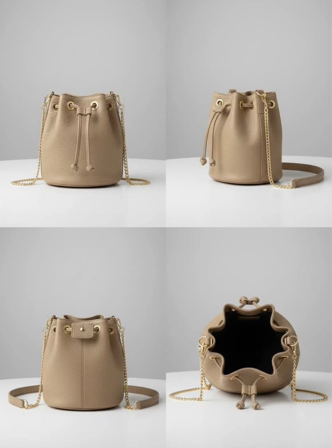Tan Leather Bucket Bag with Gold Chain Strap - photo 2