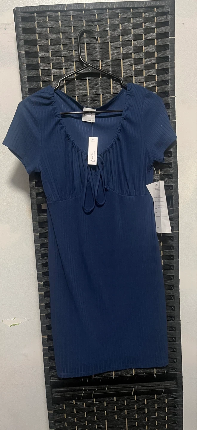 LUV Navy Ribbed Tie Neck Mini Dress