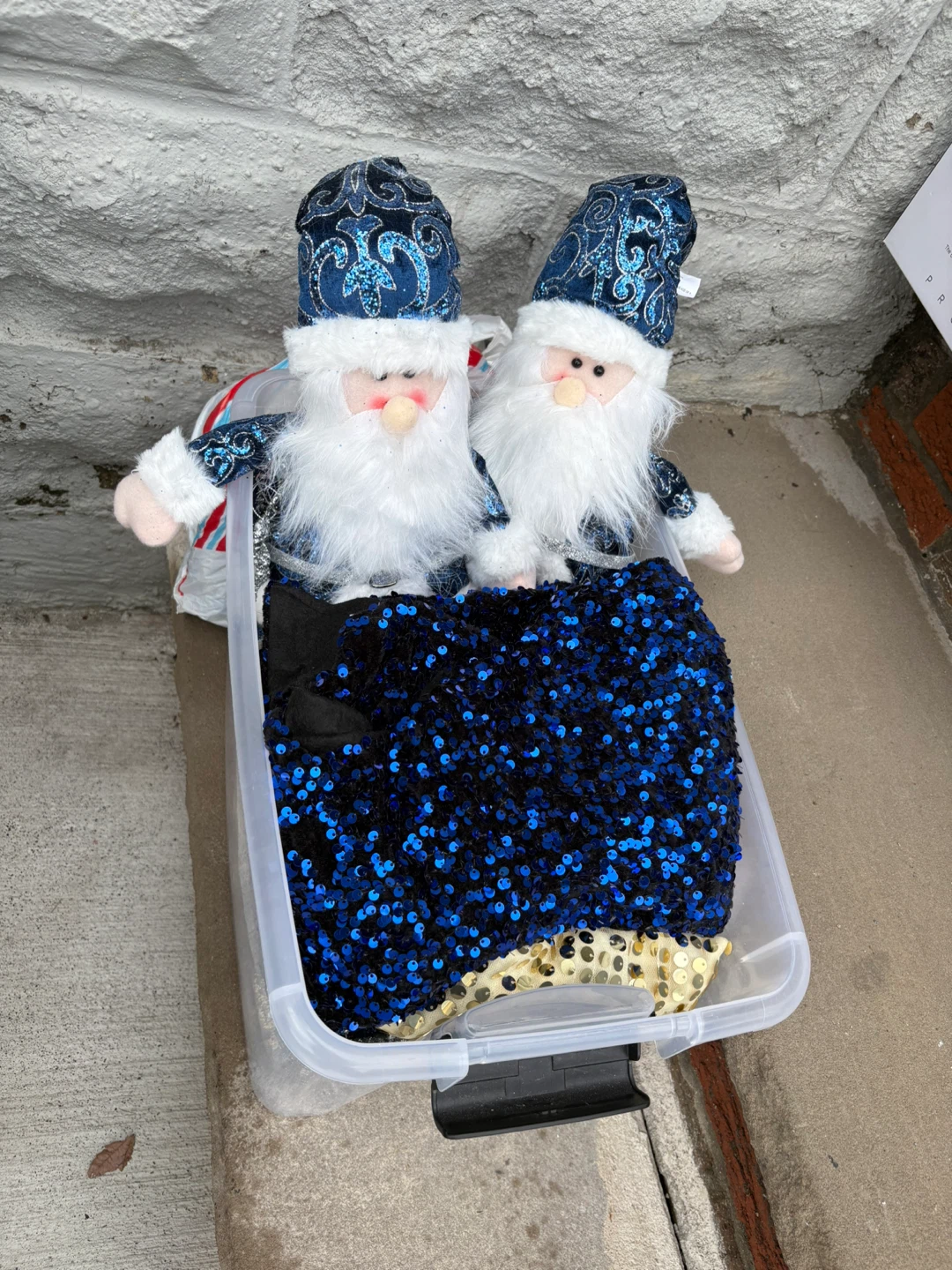 Two Christmas Gnomes with Blue Sequin Fabric