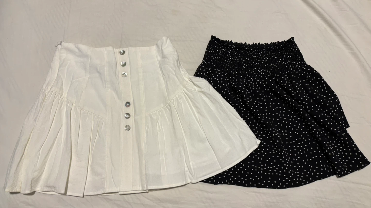 Two SHEIN Skirts: White Button-Front and Black Polka Dot