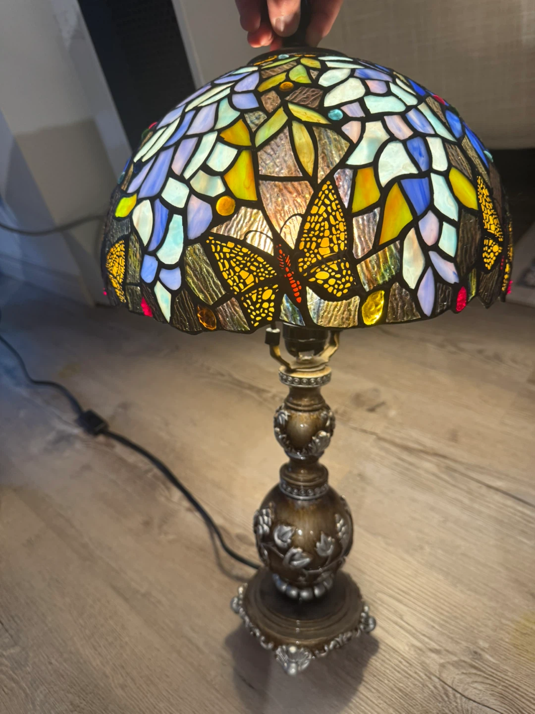 Stained Glass Table Lamp with Butterfly and Floral Design