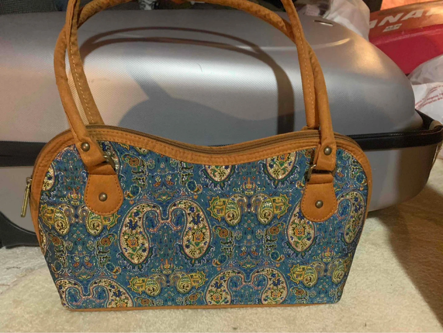 Blue Paisley Print Handbag with Tan Accents