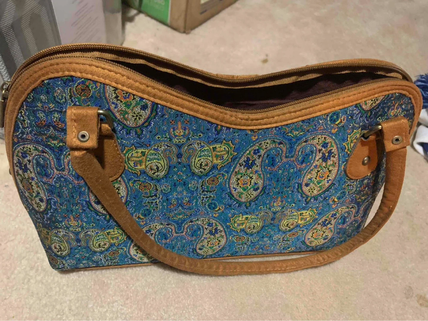 Blue Paisley Print Handbag with Tan Accents - photo 2