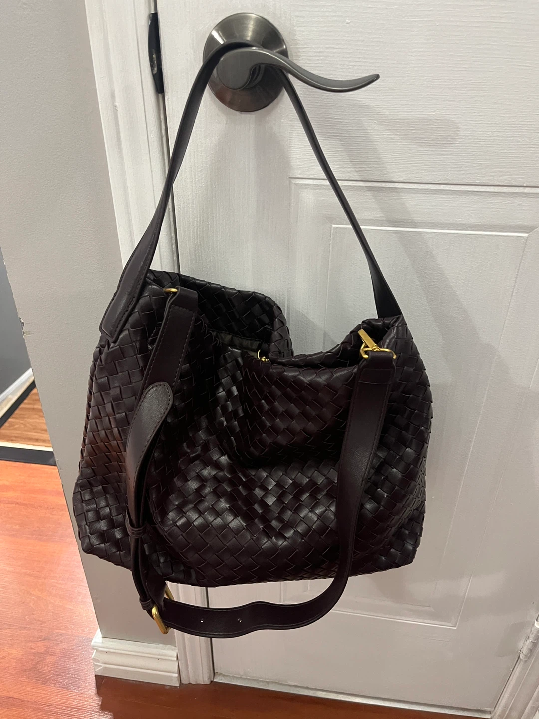 Dark Brown Woven Leather Shoulder Bag
