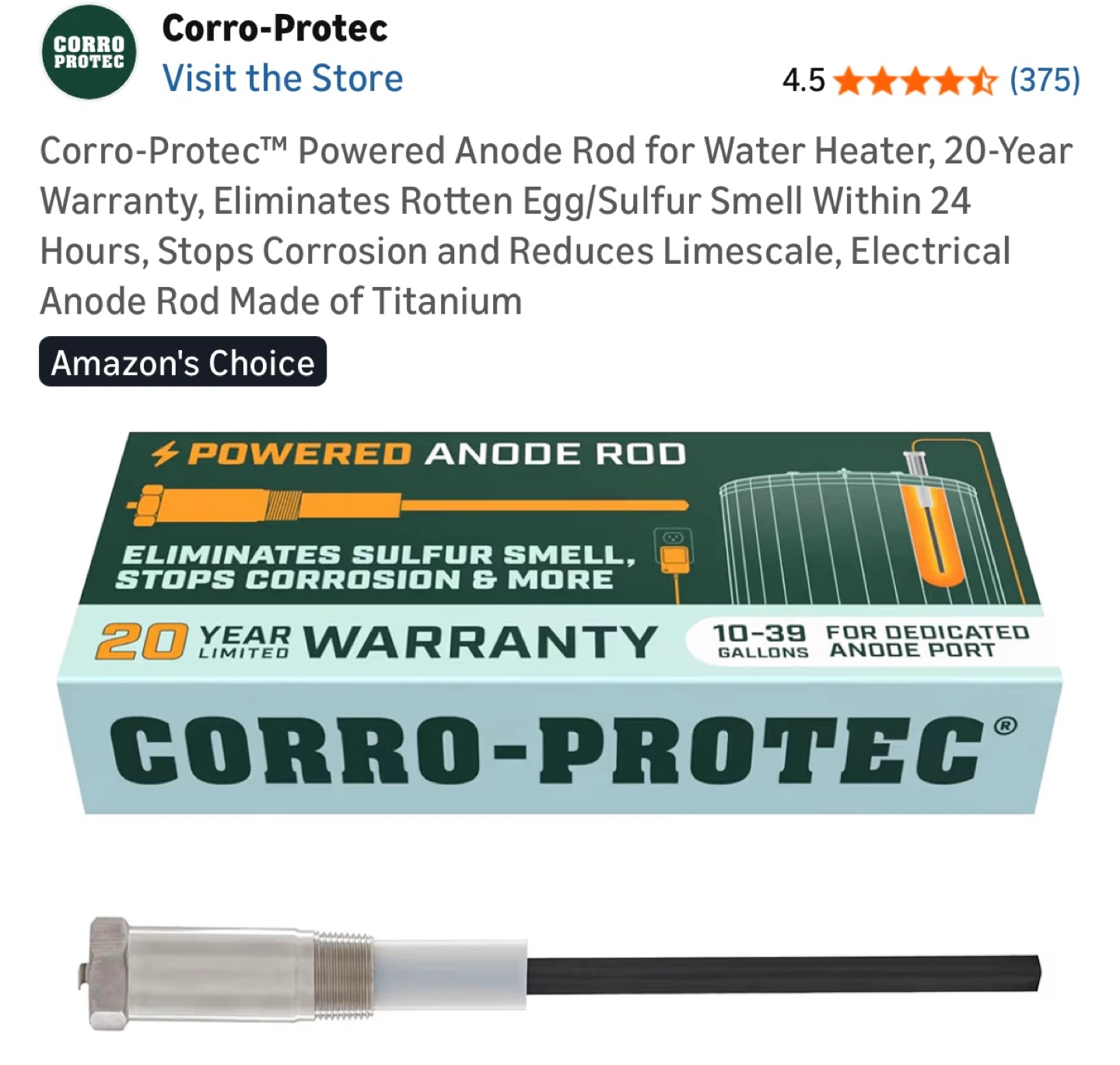 Corro-Protec Powered Anode Rod for Water Heater