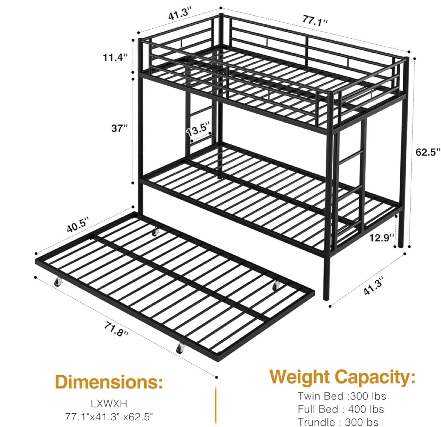 Metal Bunk Bed with Trundle