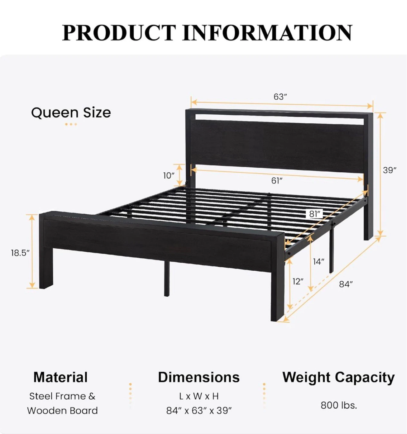 Queen Size Bed Frame - Steel & Wood Board - Black