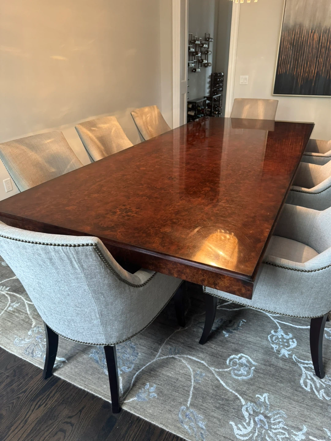 Large Dining Table with 8 Upholstered Chairs
